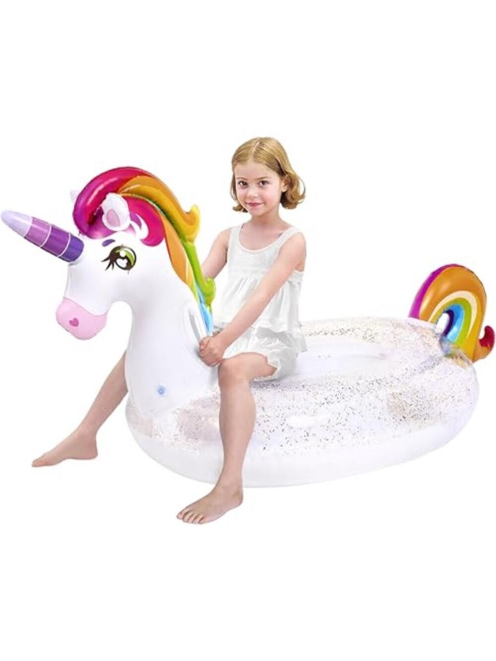 Unicorn Pool Float Kids Inflatable Glitter Ride On Raft Lounge Summer Pool Toy